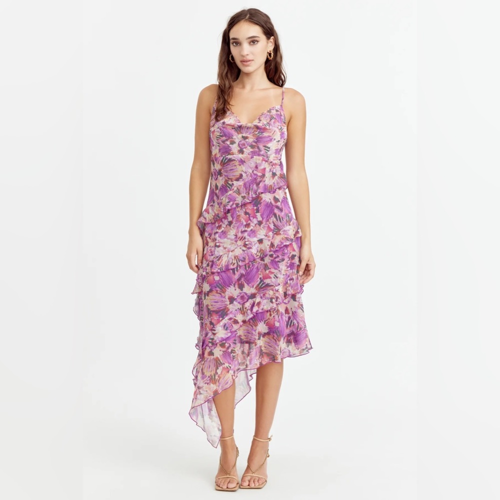Dillards Adelyn Rae Floral Pink and Purple Asymmetrical Cowl Neck Dress